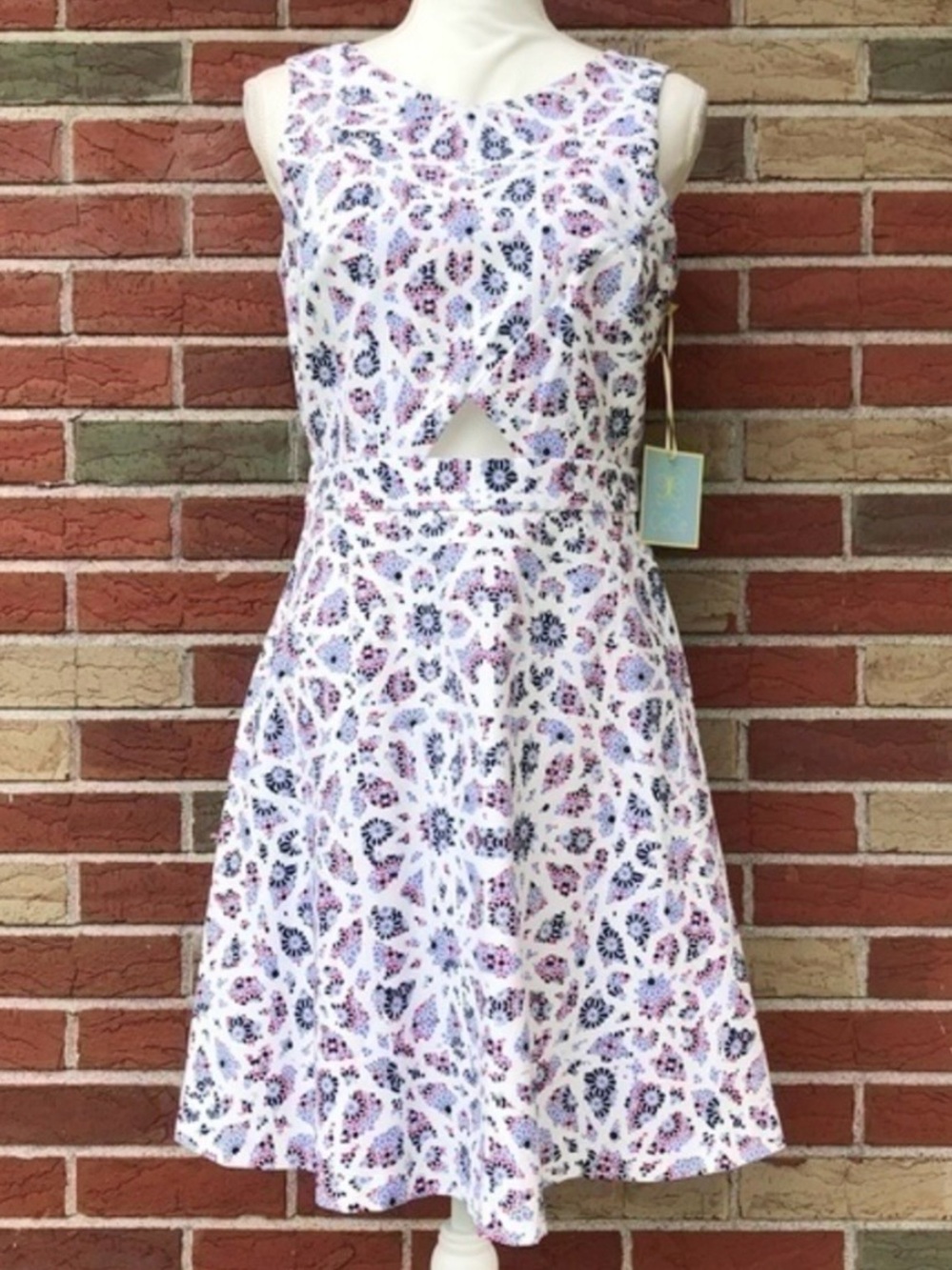 CeCe Mosaic Cutout NWT White Blue Fit & Flare Dress 👗